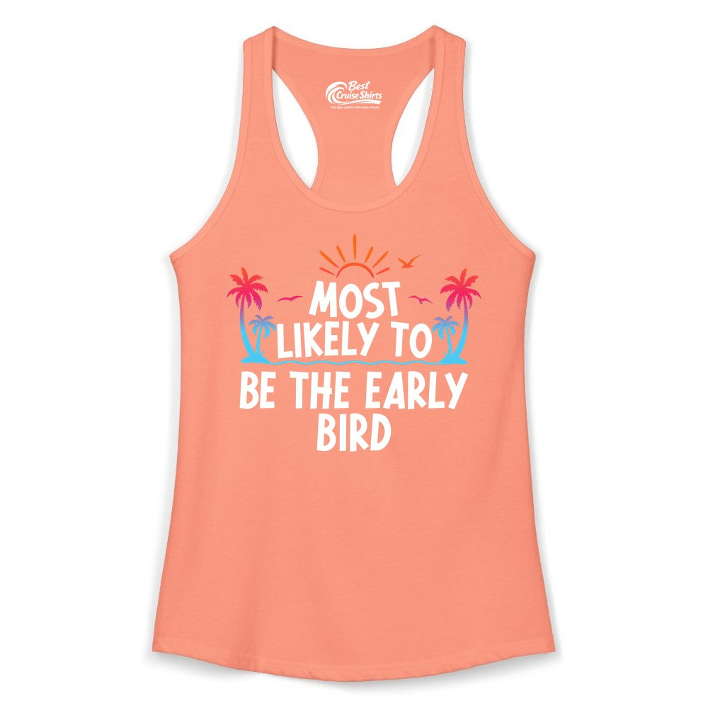 Early Bird Beach Shirt - Tropical Sunrise Palm Tree Vacation Tee (Ladies Tank) in Solid Light Orange - Early Bird Tropical Sunrise Shirt - Palm Trees Birds Beach Tee