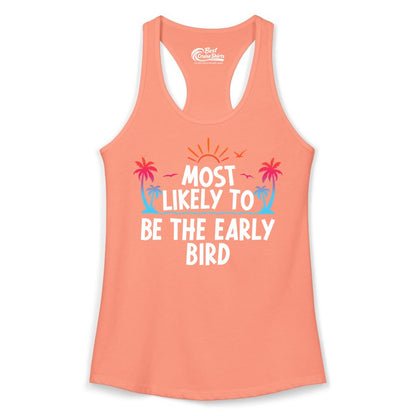 Early Bird Beach Shirt - Tropical Sunrise Palm Tree Vacation Tee (Ladies Tank) in Solid Light Orange - Early Bird Tropical Sunrise Shirt - Palm Trees Birds Beach Tee