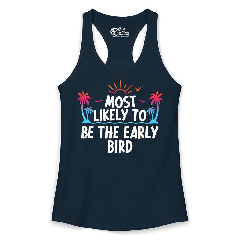 Early Bird Beach Shirt - Tropical Sunrise Palm Tree Vacation Tee (Ladies Tank) in Solid Midnight Navy - Early Bird Tropical Sunrise Shirt - Palm Trees Birds Beach Tee