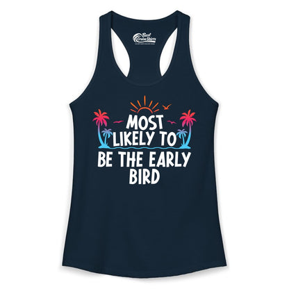 Early Bird Beach Shirt - Tropical Sunrise Palm Tree Vacation Tee (Ladies Tank) in Solid Midnight Navy - Early Bird Tropical Sunrise Shirt - Palm Trees Birds Beach Tee