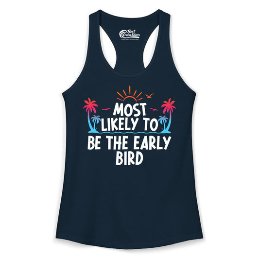 Early Bird Beach Shirt - Tropical Sunrise Palm Tree Vacation Tee (Ladies Tank) in Solid Midnight Navy - Early Bird Tropical Sunrise Shirt - Palm Trees Birds Beach Tee