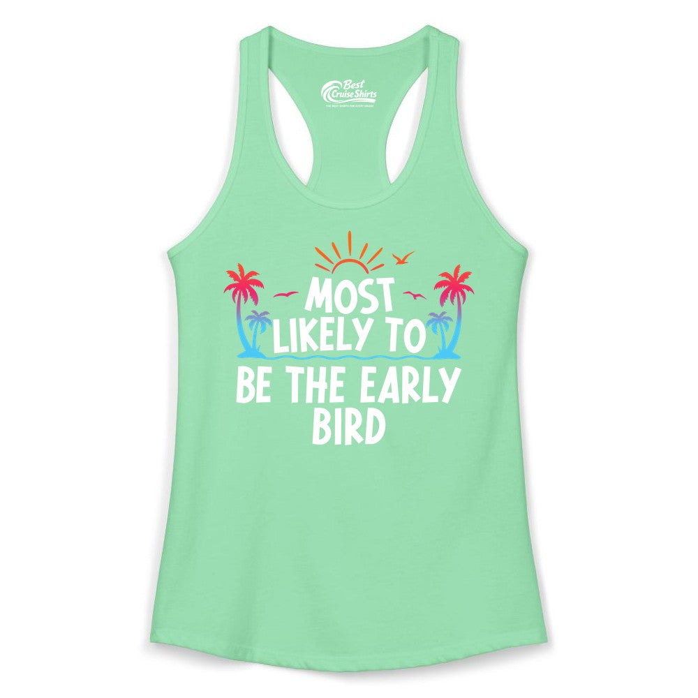 Early Bird Beach Shirt - Tropical Sunrise Palm Tree Vacation Tee (Ladies Tank) in Solid Mint - Early Bird Tropical Sunrise Shirt - Palm Trees Birds Beach Tee