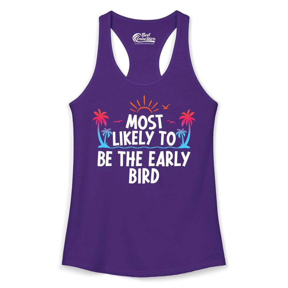 Early Bird Beach Shirt - Tropical Sunrise Palm Tree Vacation Tee (Ladies Tank) in Solid Purple Rush - Early Bird Tropical Sunrise Shirt - Palm Trees Birds Beach Tee