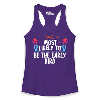 Early Bird Beach Shirt - Tropical Sunrise Palm Tree Vacation Tee (Ladies Tank) in Solid Purple Rush - Early Bird Tropical Sunrise Shirt - Palm Trees Birds Beach Tee