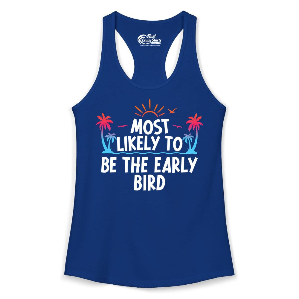 Early Bird Beach Shirt - Tropical Sunrise Palm Tree Vacation Tee (Ladies Tank) in Solid Royal - Early Bird Tropical Sunrise Shirt - Palm Trees Birds Beach Tee