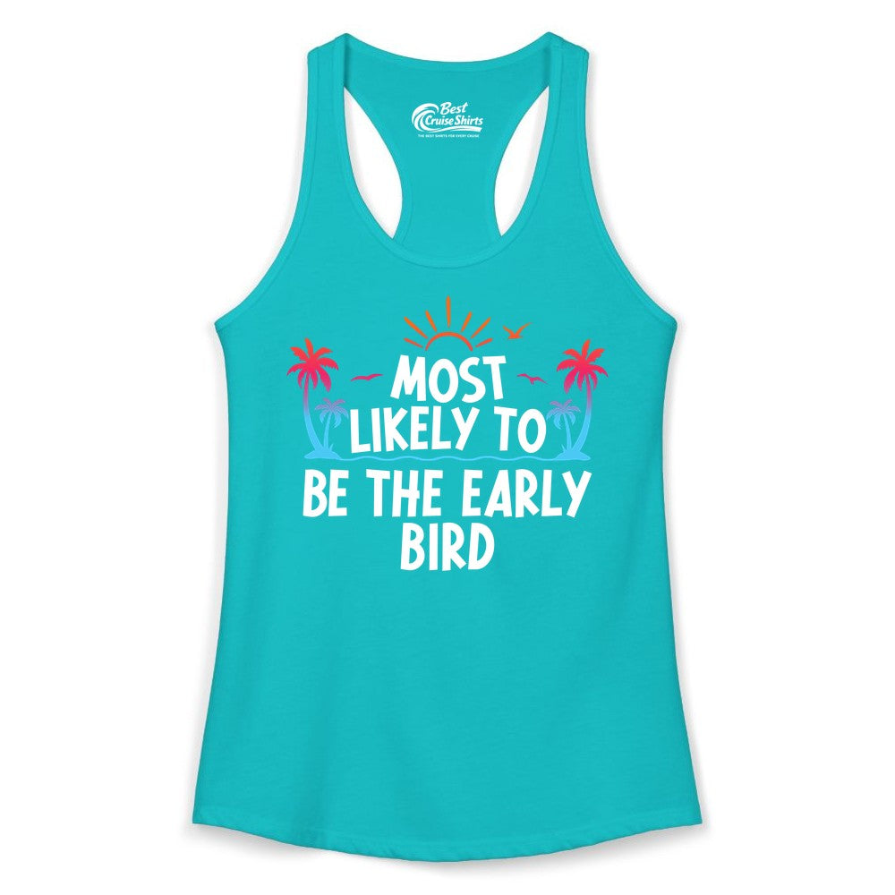 Early Bird Beach Shirt - Tropical Sunrise Palm Tree Vacation Tee (Ladies Tank) in Tahiti Blue - Early Bird Tropical Sunrise Shirt - Palm Trees Birds Beach Tee