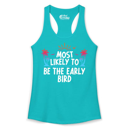 Early Bird Beach Shirt - Tropical Sunrise Palm Tree Vacation Tee (Ladies Tank) in Tahiti Blue - Early Bird Tropical Sunrise Shirt - Palm Trees Birds Beach Tee