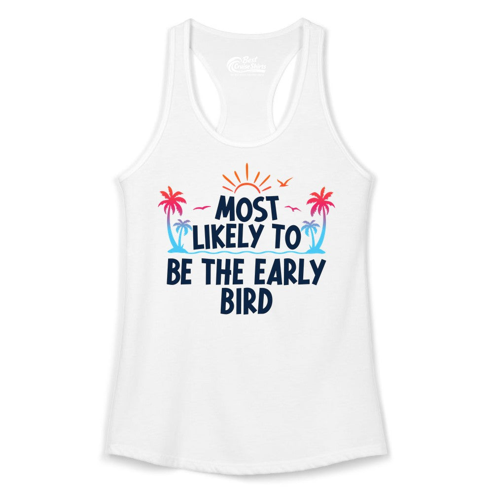Early Bird Beach Shirt - Tropical Sunrise Palm Tree Vacation Tee (Ladies Tank) in White - Early Bird Tropical Sunrise Shirt - Palm Trees Birds Beach Tee