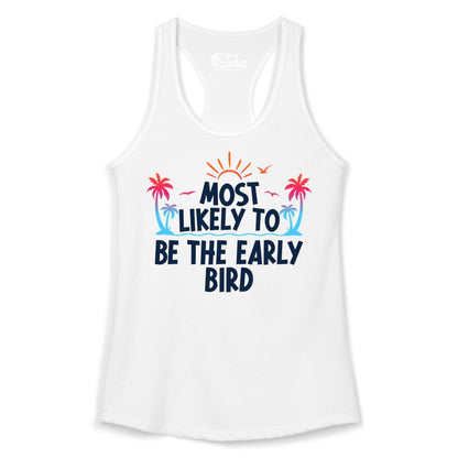 Early Bird Beach Shirt - Tropical Sunrise Palm Tree Vacation Tee (Ladies Tank) in White - Early Bird Tropical Sunrise Shirt - Palm Trees Birds Beach Tee