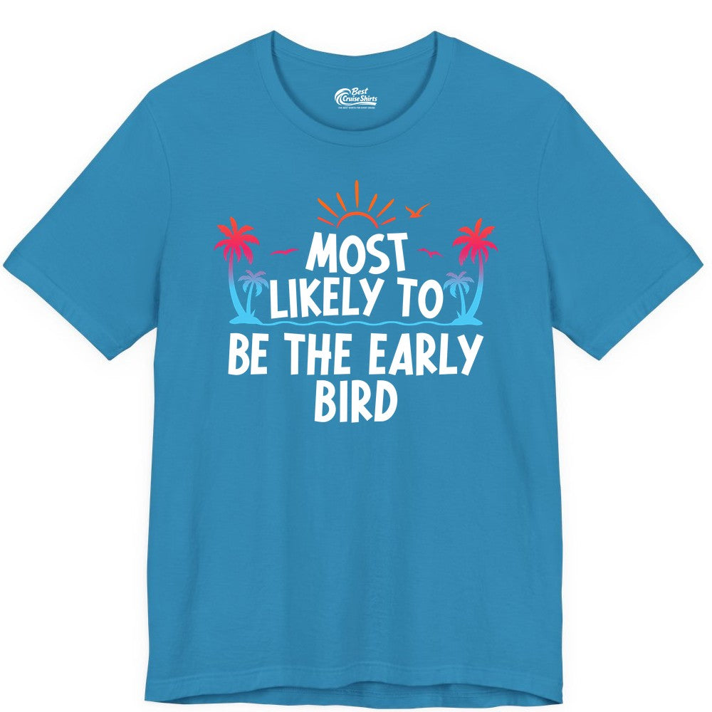 Early Bird Beach Shirt - Tropical Sunrise Palm Tree Vacation Tee (Premium Tee) in Aqua - Early Bird Tropical Sunrise Shirt - Palm Trees Birds Beach Tee