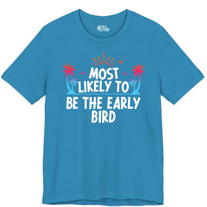 Early Bird Beach Shirt - Tropical Sunrise Palm Tree Vacation Tee (Premium Tee) in Aqua - Early Bird Tropical Sunrise Shirt - Palm Trees Birds Beach Tee