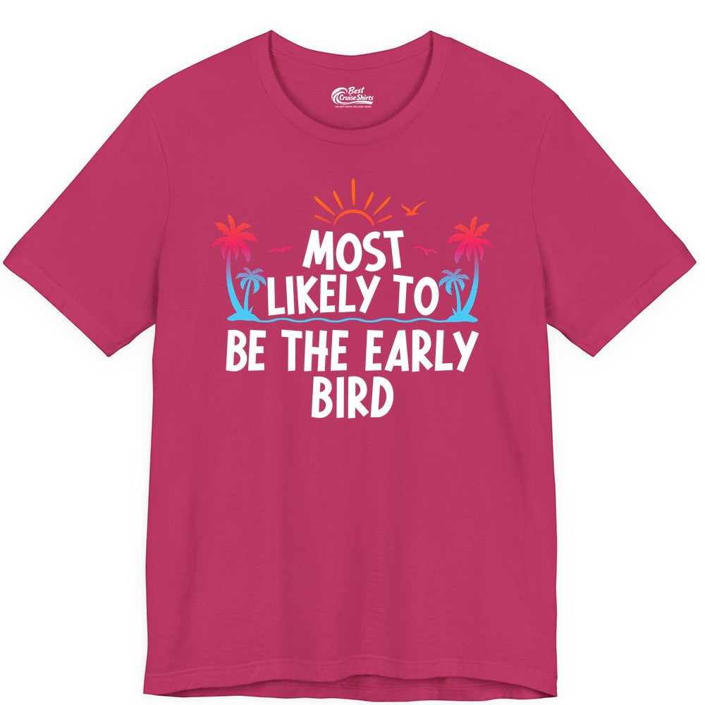 Early Bird Beach Shirt - Tropical Sunrise Palm Tree Vacation Tee (Premium Tee) in Berry - Early Bird Tropical Sunrise Shirt - Palm Trees Birds Beach Tee