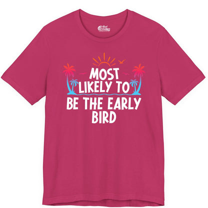 Early Bird Beach Shirt - Tropical Sunrise Palm Tree Vacation Tee (Premium Tee) in Berry - Early Bird Tropical Sunrise Shirt - Palm Trees Birds Beach Tee