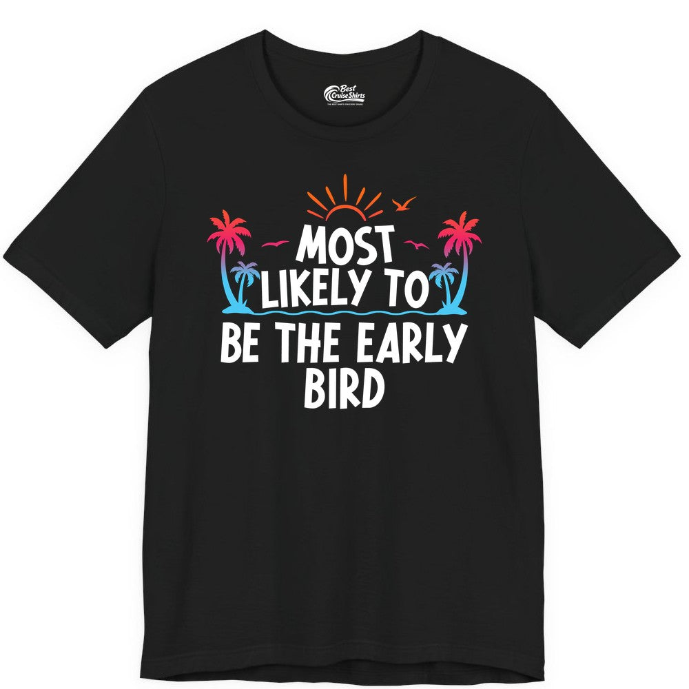 Early Bird Beach Shirt - Tropical Sunrise Palm Tree Vacation Tee (Premium Tee) in Black - Early Bird Tropical Sunrise Shirt - Palm Trees Birds Beach Tee