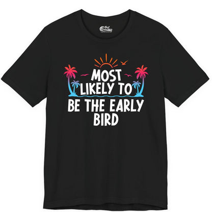 Early Bird Beach Shirt - Tropical Sunrise Palm Tree Vacation Tee (Premium Tee) in Black - Early Bird Tropical Sunrise Shirt - Palm Trees Birds Beach Tee
