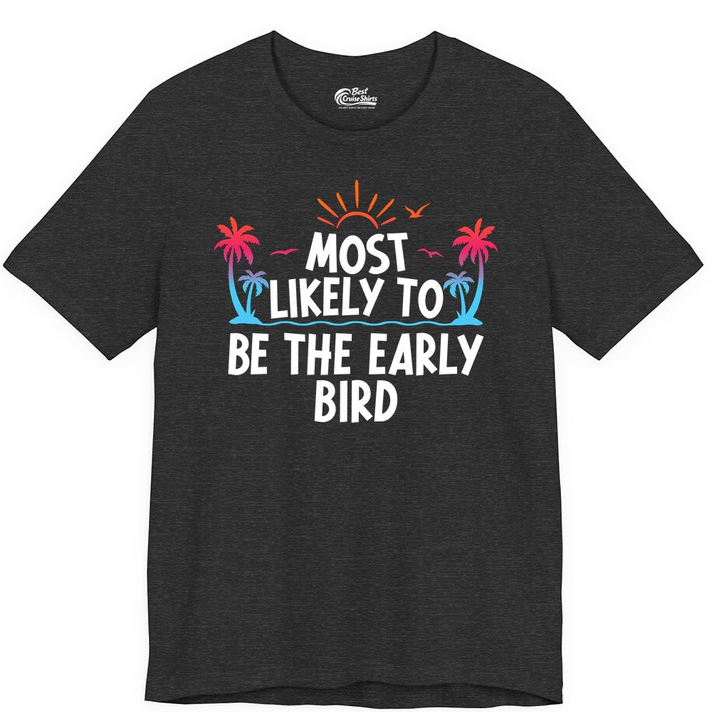 Early Bird Beach Shirt - Tropical Sunrise Palm Tree Vacation Tee (Premium Tee) in Dark Grey Heather - Early Bird Tropical Sunrise Shirt - Palm Trees Birds Beach Tee