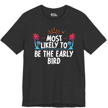 Early Bird Beach Shirt - Tropical Sunrise Palm Tree Vacation Tee (Premium Tee) in Dark Grey Heather - Early Bird Tropical Sunrise Shirt - Palm Trees Birds Beach Tee