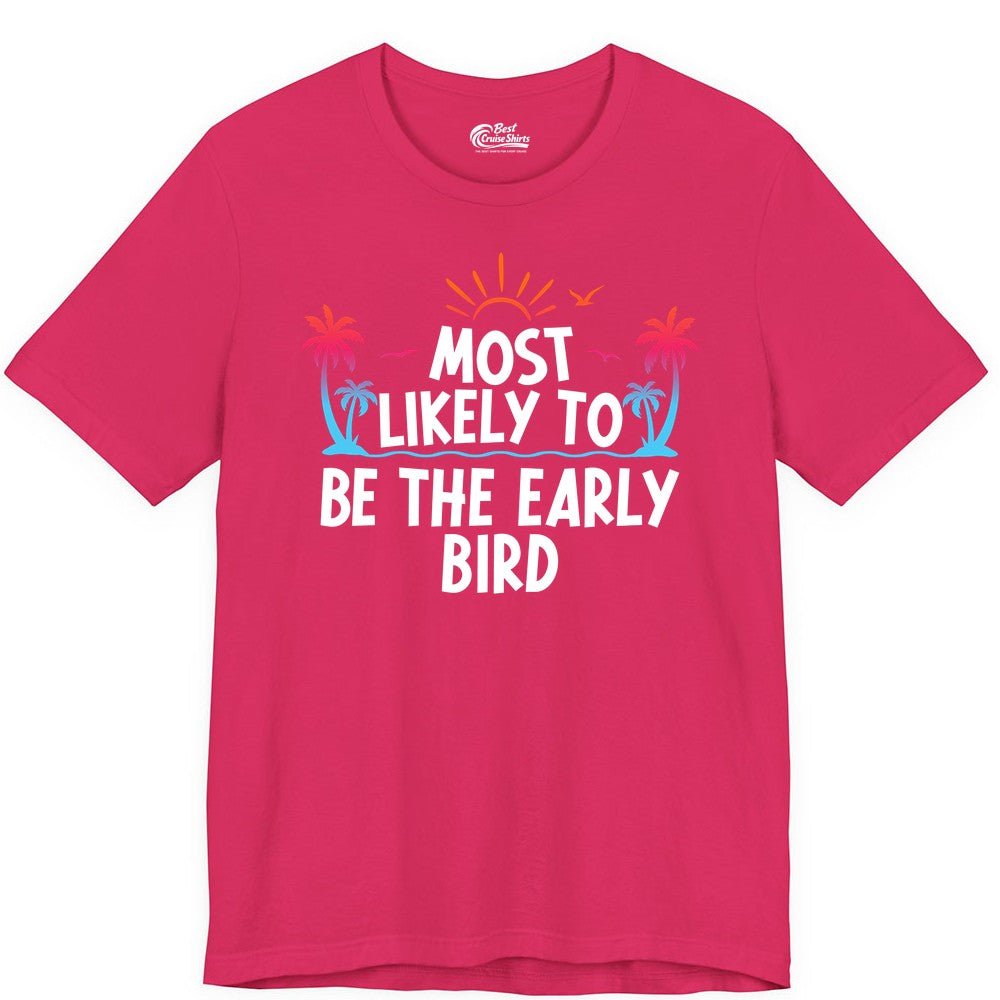 Early Bird Beach Shirt - Tropical Sunrise Palm Tree Vacation Tee (Premium Tee) in Fuchsia - Early Bird Tropical Sunrise Shirt - Palm Trees Birds Beach Tee