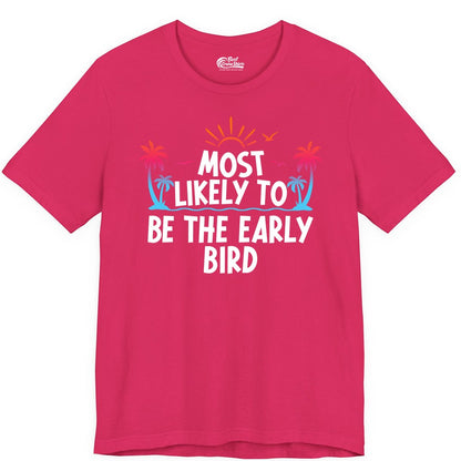 Early Bird Beach Shirt - Tropical Sunrise Palm Tree Vacation Tee (Premium Tee) in Fuchsia - Early Bird Tropical Sunrise Shirt - Palm Trees Birds Beach Tee