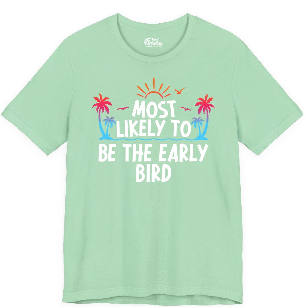 Early Bird Beach Shirt - Tropical Sunrise Palm Tree Vacation Tee (Premium Tee) in Mint - Early Bird Tropical Sunrise Shirt - Palm Trees Birds Beach Tee