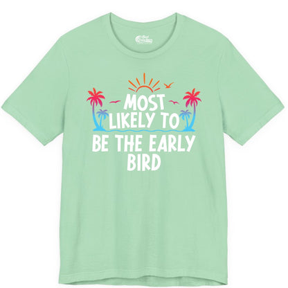 Early Bird Beach Shirt - Tropical Sunrise Palm Tree Vacation Tee (Premium Tee) in Mint - Early Bird Tropical Sunrise Shirt - Palm Trees Birds Beach Tee