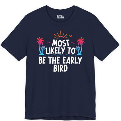 Early Bird Beach Shirt - Tropical Sunrise Palm Tree Vacation Tee (Premium Tee) in Navy - Early Bird Tropical Sunrise Shirt - Palm Trees Birds Beach Tee