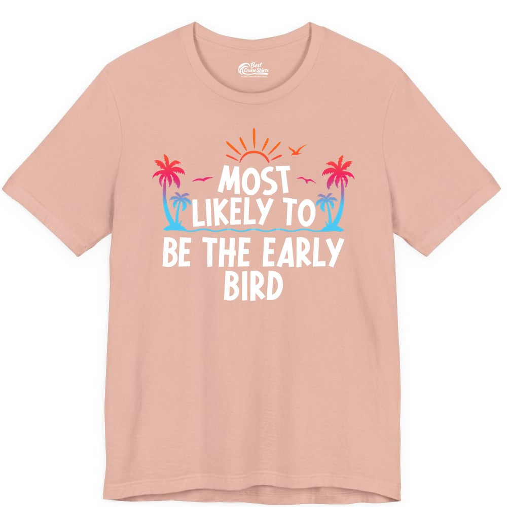 Early Bird Beach Shirt - Tropical Sunrise Palm Tree Vacation Tee (Premium Tee) in Peach - Early Bird Tropical Sunrise Shirt - Palm Trees Birds Beach Tee