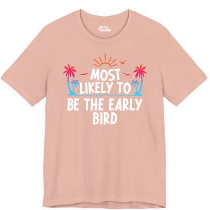 Early Bird Beach Shirt - Tropical Sunrise Palm Tree Vacation Tee (Premium Tee) in Peach - Early Bird Tropical Sunrise Shirt - Palm Trees Birds Beach Tee