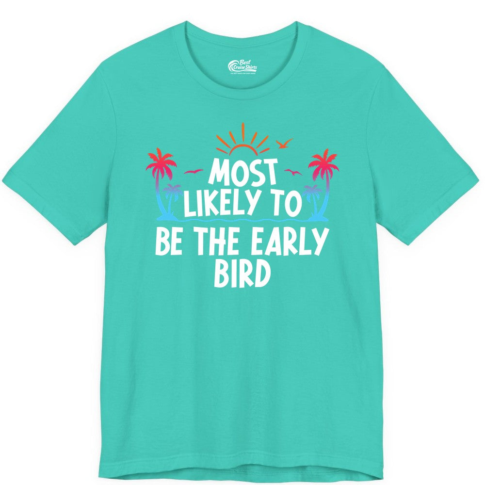 Early Bird Beach Shirt - Tropical Sunrise Palm Tree Vacation Tee (Premium Tee) in Teal - Early Bird Tropical Sunrise Shirt - Palm Trees Birds Beach Tee