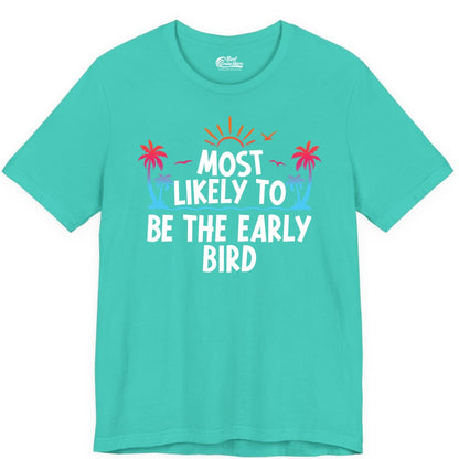 Early Bird Beach Shirt - Tropical Sunrise Palm Tree Vacation Tee (Premium Tee) in Teal - Early Bird Tropical Sunrise Shirt - Palm Trees Birds Beach Tee