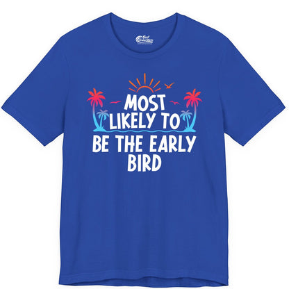 Early Bird Beach Shirt - Tropical Sunrise Palm Tree Vacation Tee (Premium Tee) in True Royal - Early Bird Tropical Sunrise Shirt - Palm Trees Birds Beach Tee