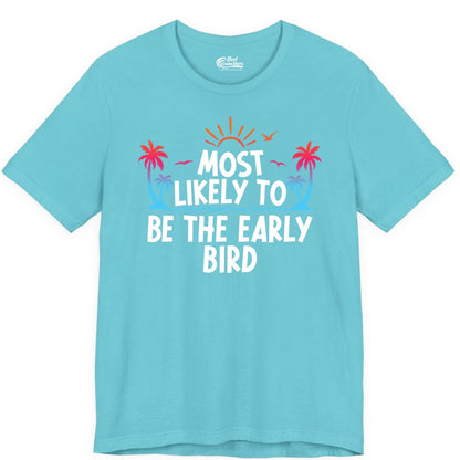 Early Bird Beach Shirt - Tropical Sunrise Palm Tree Vacation Tee (Premium Tee) in Turquoise - Early Bird Tropical Sunrise Shirt - Palm Trees Birds Beach Tee