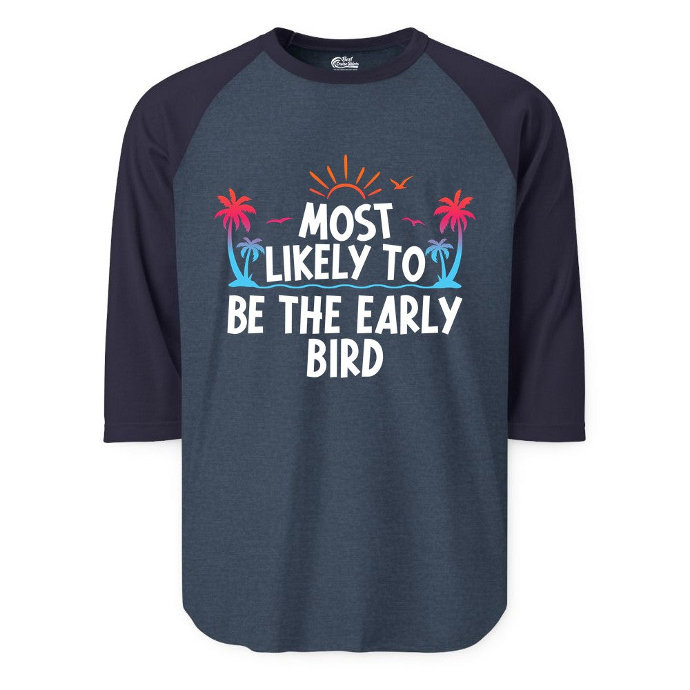 Early Bird Beach Shirt - Tropical Sunrise Palm Tree Vacation Tee (Raglan) in Heather DenimNavy - Early Bird Tropical Sunrise Shirt - Palm Trees Birds Beach Tee