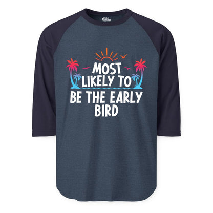 Early Bird Beach Shirt - Tropical Sunrise Palm Tree Vacation Tee (Raglan) in Heather DenimNavy - Early Bird Tropical Sunrise Shirt - Palm Trees Birds Beach Tee