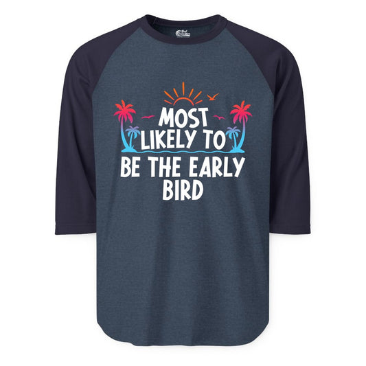 Early Bird Beach Shirt - Tropical Sunrise Palm Tree Vacation Tee (Raglan) in Heather DenimNavy - Early Bird Tropical Sunrise Shirt - Palm Trees Birds Beach Tee