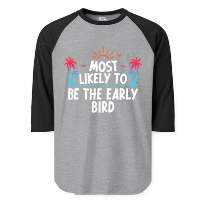 Early Bird Beach Shirt - Tropical Sunrise Palm Tree Vacation Tee (Raglan) in Heather GreyBlack - Early Bird Tropical Sunrise Shirt - Palm Trees Birds Beach Tee