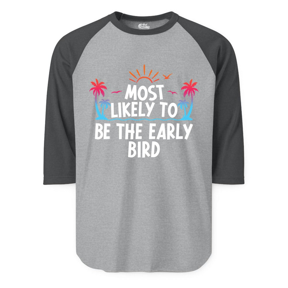 Early Bird Beach Shirt - Tropical Sunrise Palm Tree Vacation Tee (Raglan) in Heather GreyHeather Charcoal - Early Bird Tropical Sunrise Shirt - Palm Trees Birds Beach Tee