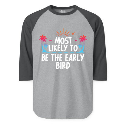 Early Bird Beach Shirt - Tropical Sunrise Palm Tree Vacation Tee (Raglan) in Heather GreyHeather Charcoal - Early Bird Tropical Sunrise Shirt - Palm Trees Birds Beach Tee