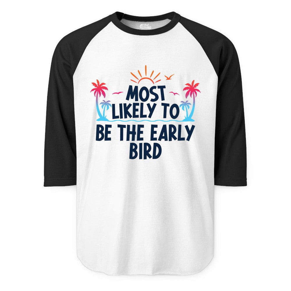 Early Bird Beach Shirt - Tropical Sunrise Palm Tree Vacation Tee (Raglan) in WhiteBlack - Early Bird Tropical Sunrise Shirt - Palm Trees Birds Beach Tee