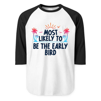 Early Bird Beach Shirt - Tropical Sunrise Palm Tree Vacation Tee (Raglan) in WhiteBlack - Early Bird Tropical Sunrise Shirt - Palm Trees Birds Beach Tee