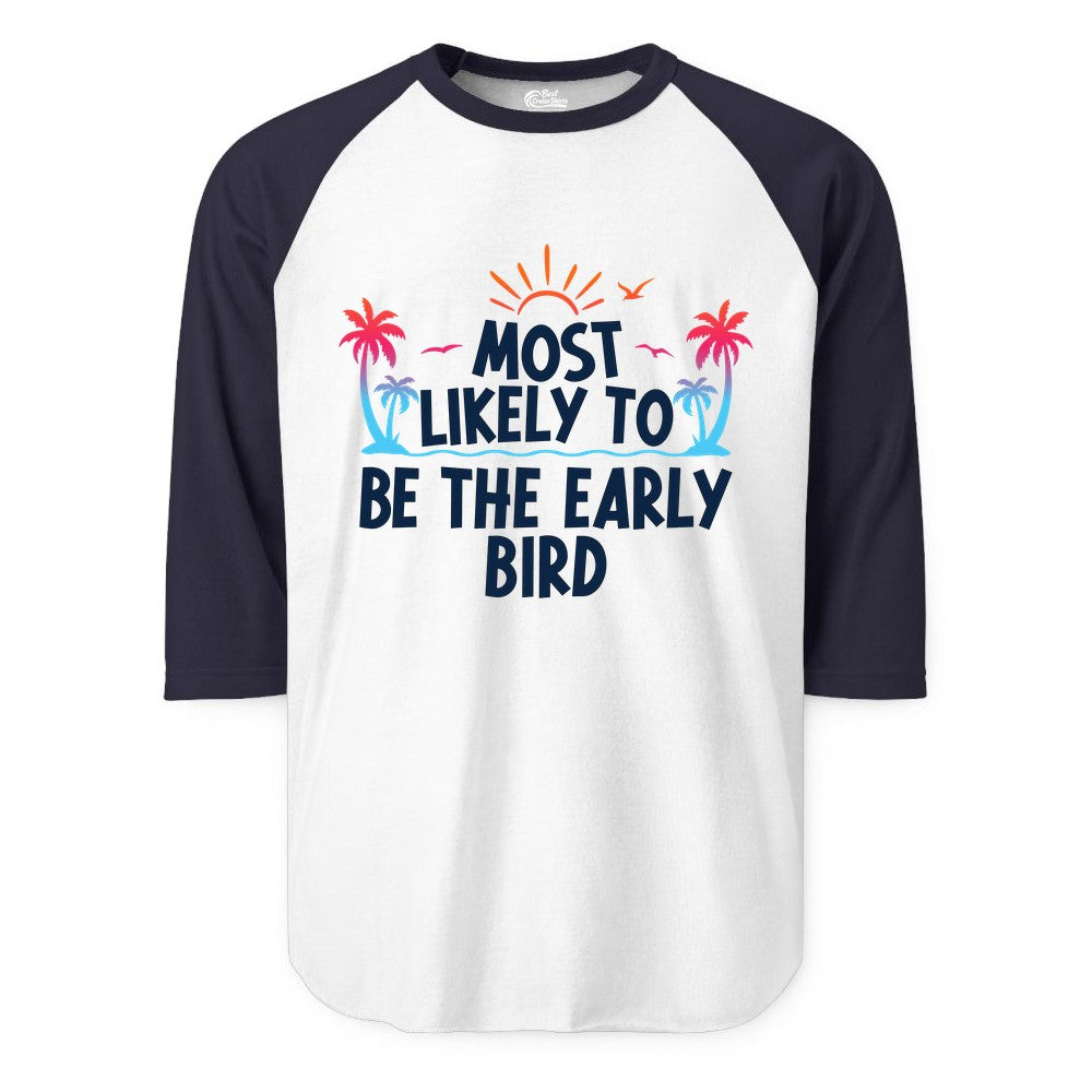 Early Bird Beach Shirt - Tropical Sunrise Palm Tree Vacation Tee (Raglan) in WhiteNavy - Early Bird Tropical Sunrise Shirt - Palm Trees Birds Beach Tee