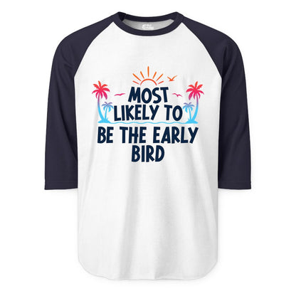 Early Bird Beach Shirt - Tropical Sunrise Palm Tree Vacation Tee (Raglan) in WhiteNavy - Early Bird Tropical Sunrise Shirt - Palm Trees Birds Beach Tee