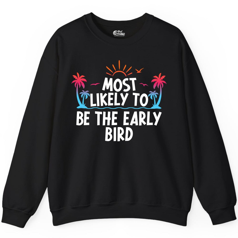 Early Bird Beach Shirt - Tropical Sunrise Palm Tree Vacation Tee (Sweatshirt) in Black - Early Bird Tropical Sunrise Shirt - Palm Trees Birds Beach Tee