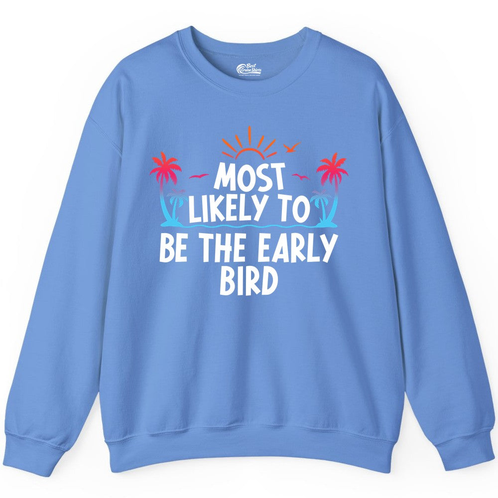 Early Bird Beach Shirt - Tropical Sunrise Palm Tree Vacation Tee (Sweatshirt) in Carolina Blue - Early Bird Tropical Sunrise Shirt - Palm Trees Birds Beach Tee