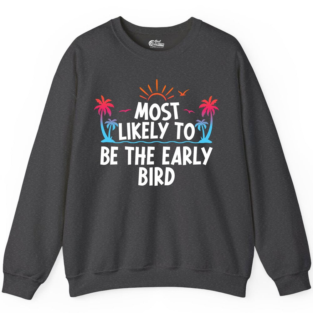 Early Bird Beach Shirt - Tropical Sunrise Palm Tree Vacation Tee (Sweatshirt) in Dark Heather - Early Bird Tropical Sunrise Shirt - Palm Trees Birds Beach Tee