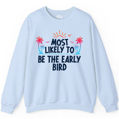 Early Bird Beach Shirt - Tropical Sunrise Palm Tree Vacation Tee (Sweatshirt) in Light Blue - Early Bird Tropical Sunrise Shirt - Palm Trees Birds Beach Tee