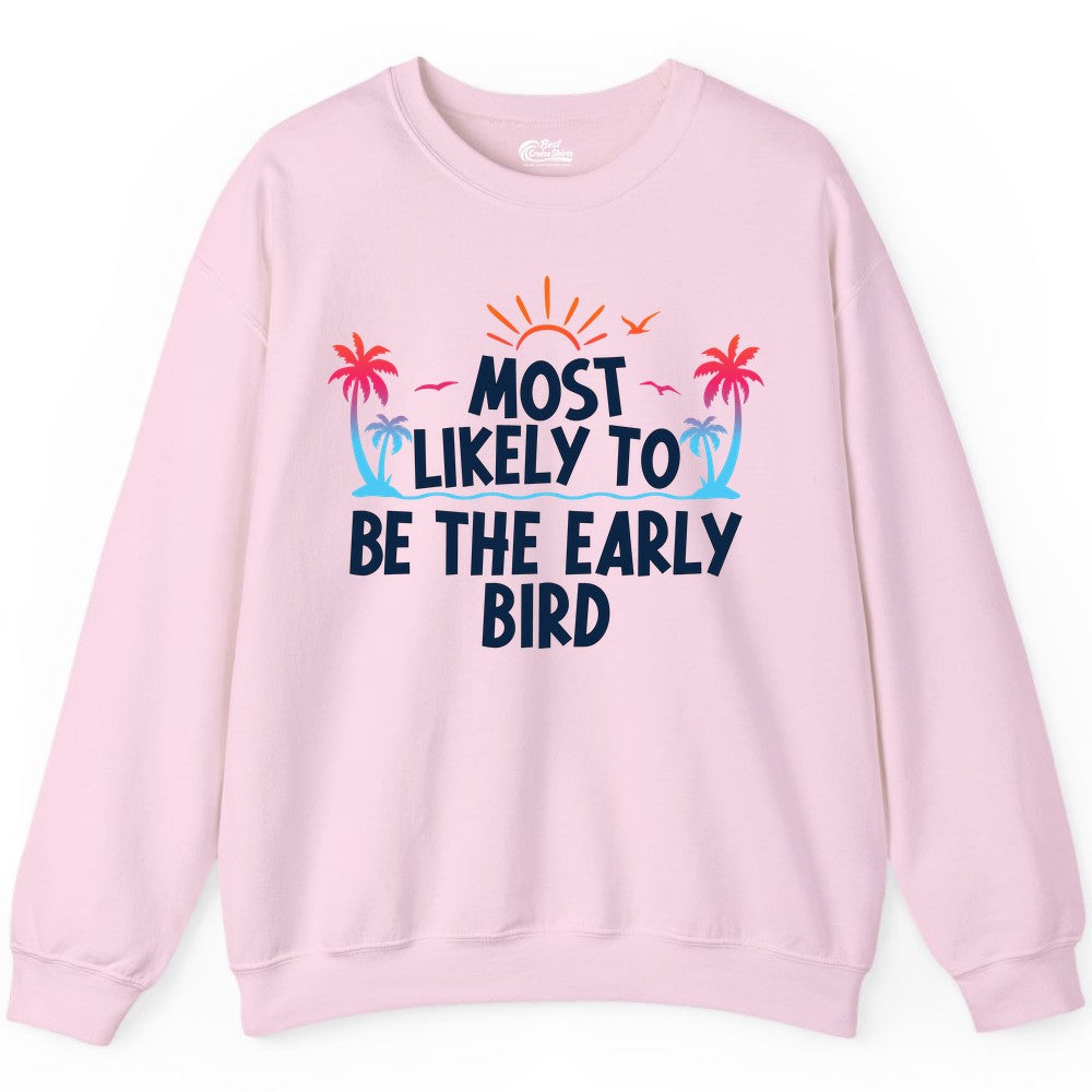 Early Bird Beach Shirt - Tropical Sunrise Palm Tree Vacation Tee (Sweatshirt) in Light Pink - Early Bird Tropical Sunrise Shirt - Palm Trees Birds Beach Tee