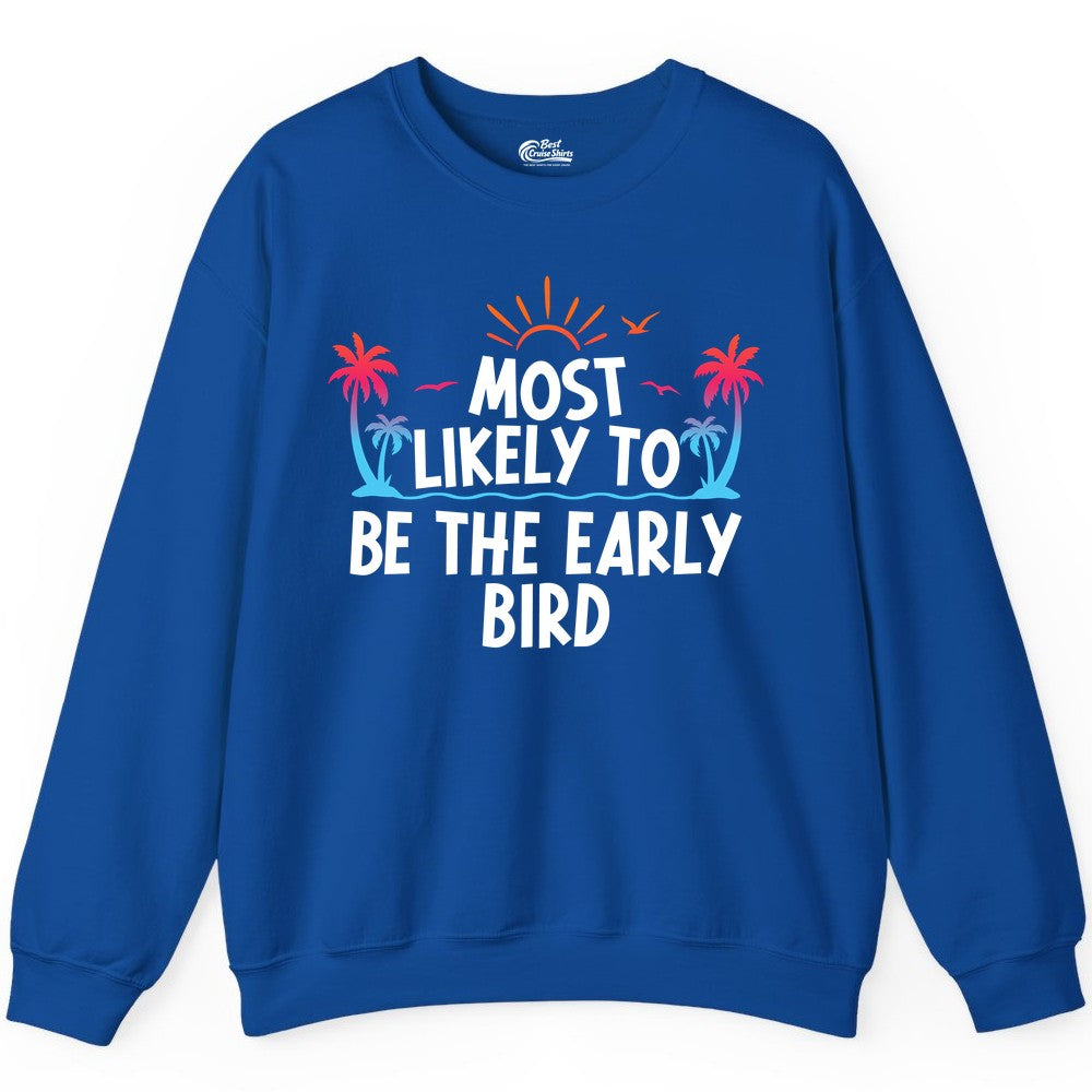 Early Bird Beach Shirt - Tropical Sunrise Palm Tree Vacation Tee (Sweatshirt) in Royal - Early Bird Tropical Sunrise Shirt - Palm Trees Birds Beach Tee