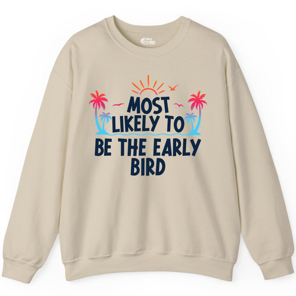 Early Bird Beach Shirt - Tropical Sunrise Palm Tree Vacation Tee (Sweatshirt) in Sand - Early Bird Tropical Sunrise Shirt - Palm Trees Birds Beach Tee