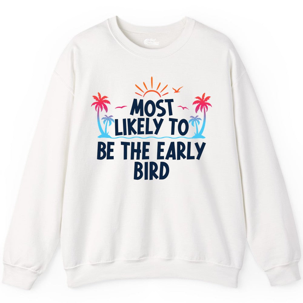 Early Bird Beach Shirt - Tropical Sunrise Palm Tree Vacation Tee (Sweatshirt) in White - Early Bird Tropical Sunrise Shirt - Palm Trees Birds Beach Tee